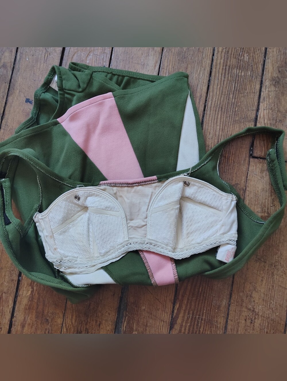 60s Vintage Robby Len One Piece Pinup Swimsuit Green With Pink Stripes XS Small - Picture 6 of 7